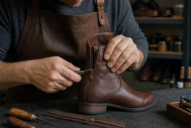 Profissional em Anápolis consertando zíper de bota com as ferramentas apropriadas.