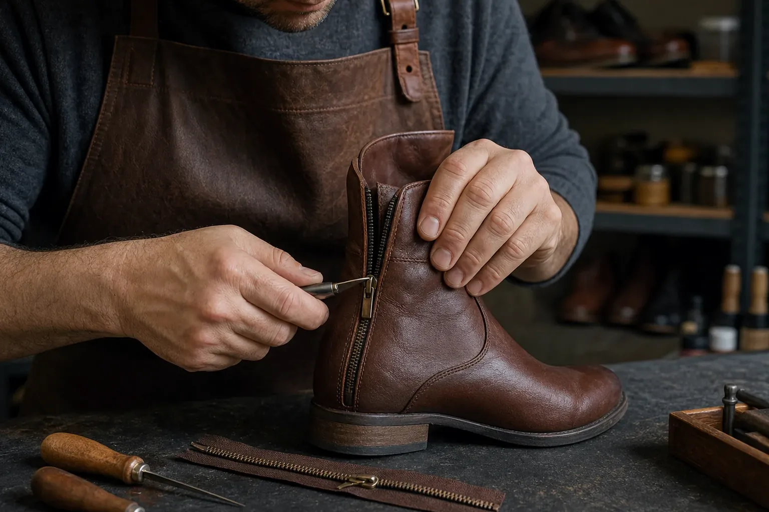 Profissional em Anápolis consertando zíper de bota com as ferramentas apropriadas.