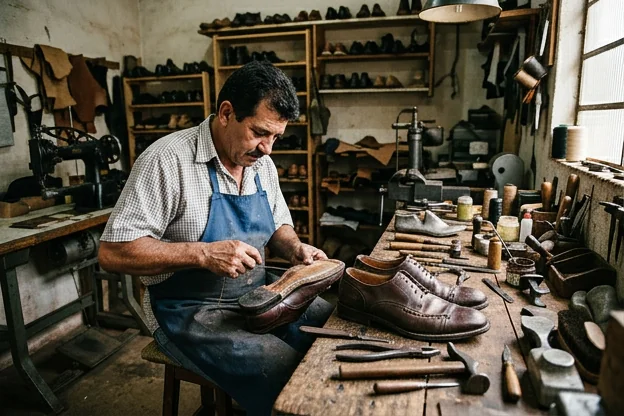 Sapatos sociais sendo reformados em uma oficina de sapateiro.